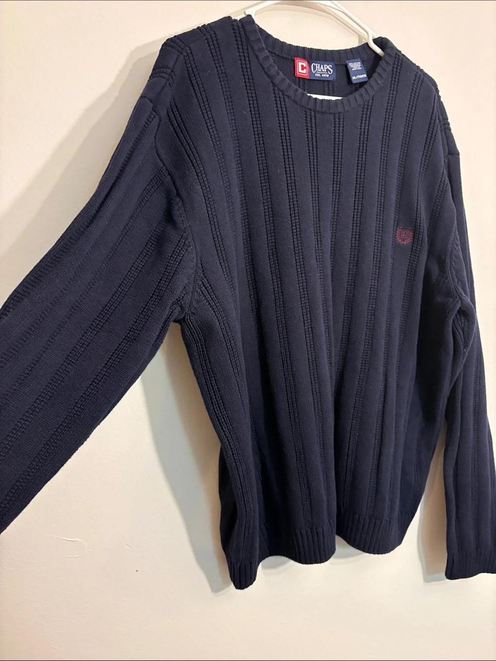 Chaps Men’s Navy Ribbed Crewneck Sweater with Embroidered Crest